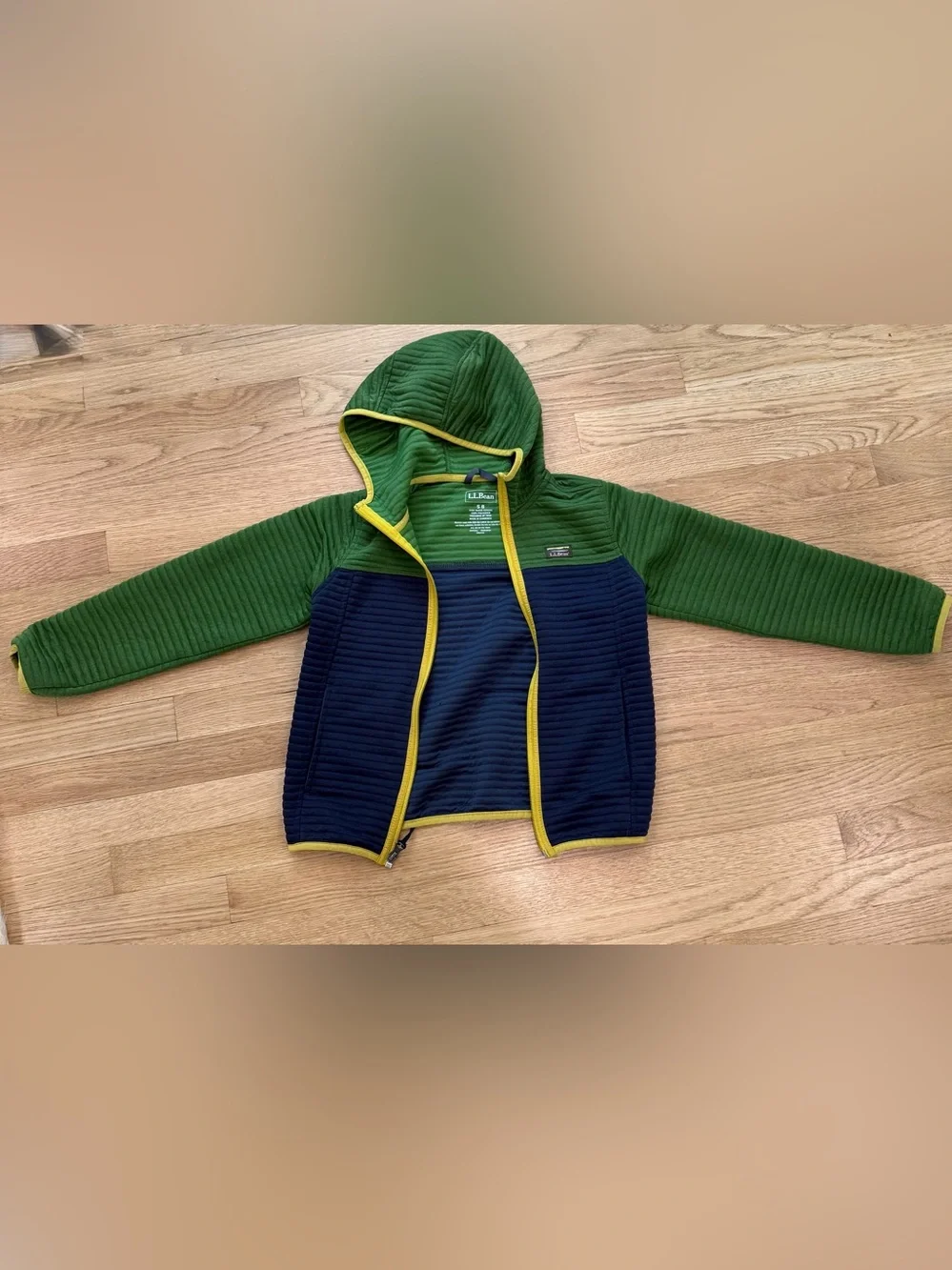 L.L. Bean Green & Navy Hooded Zip Sweatshirt with Yellow Trim